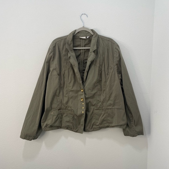 Chico's Army Green Lightweight Utility Jacket with Gold Hardware Chico's Size 3 - Picture 1 of 6